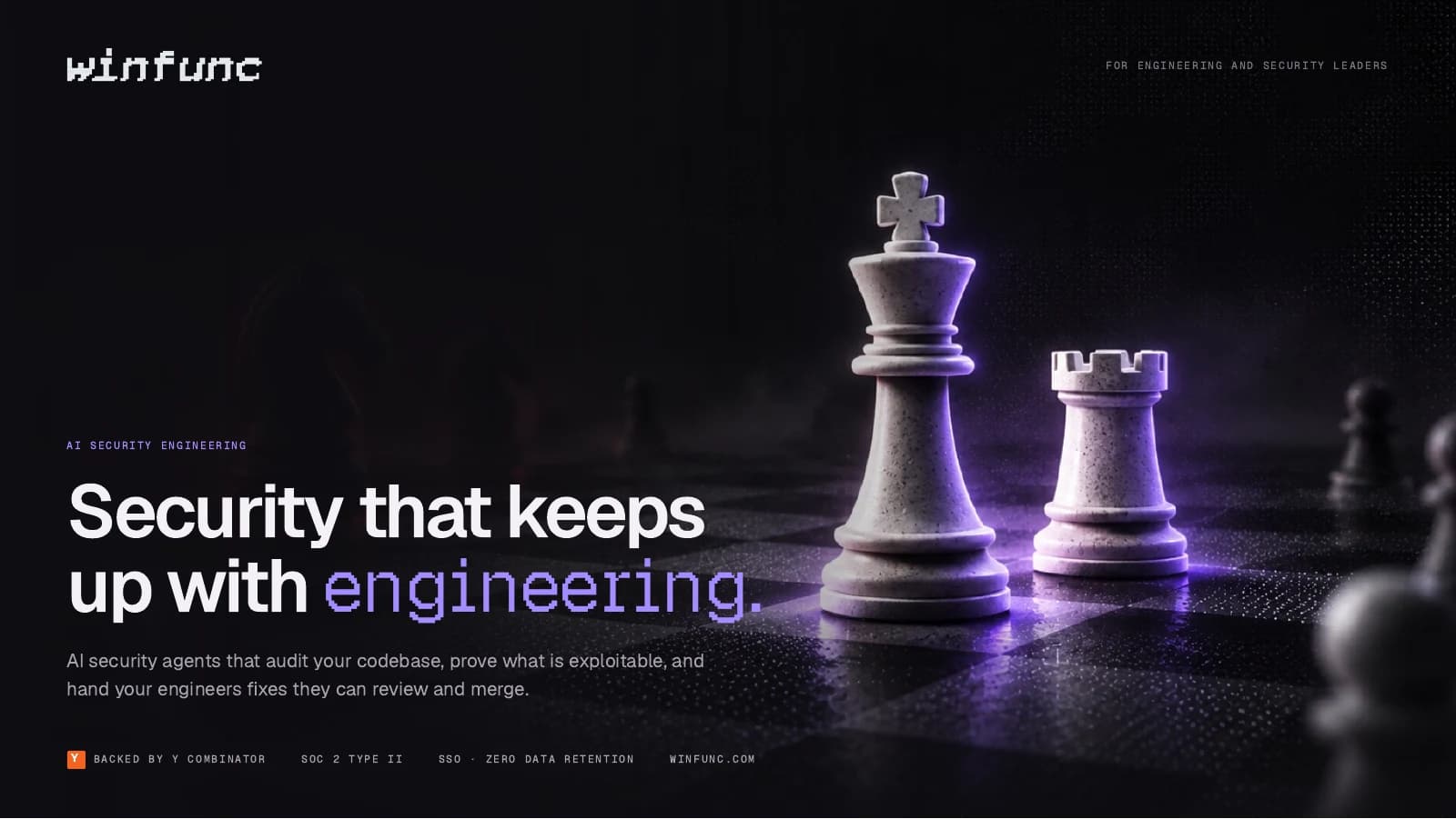 Winfunc Product Overview cover: Security that keeps up with engineering, illustrated with purple-lit chess pieces.