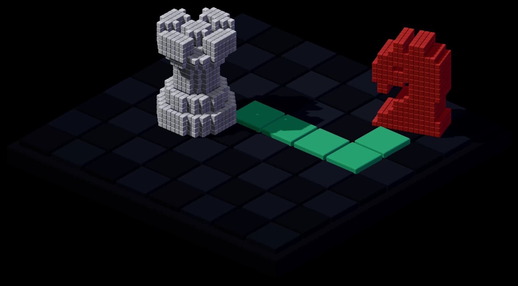 A voxel chessboard: a bone rook and a red knight, with the traced path between them lit green after the fix was verified