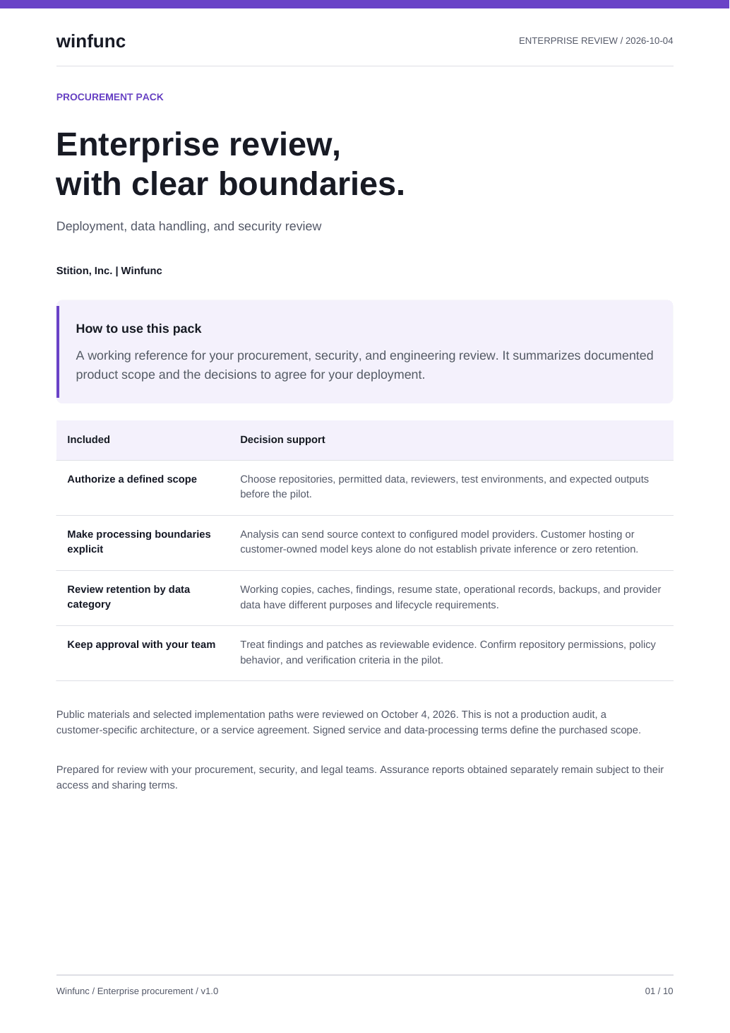 Cover of the Winfunc enterprise procurement pack.