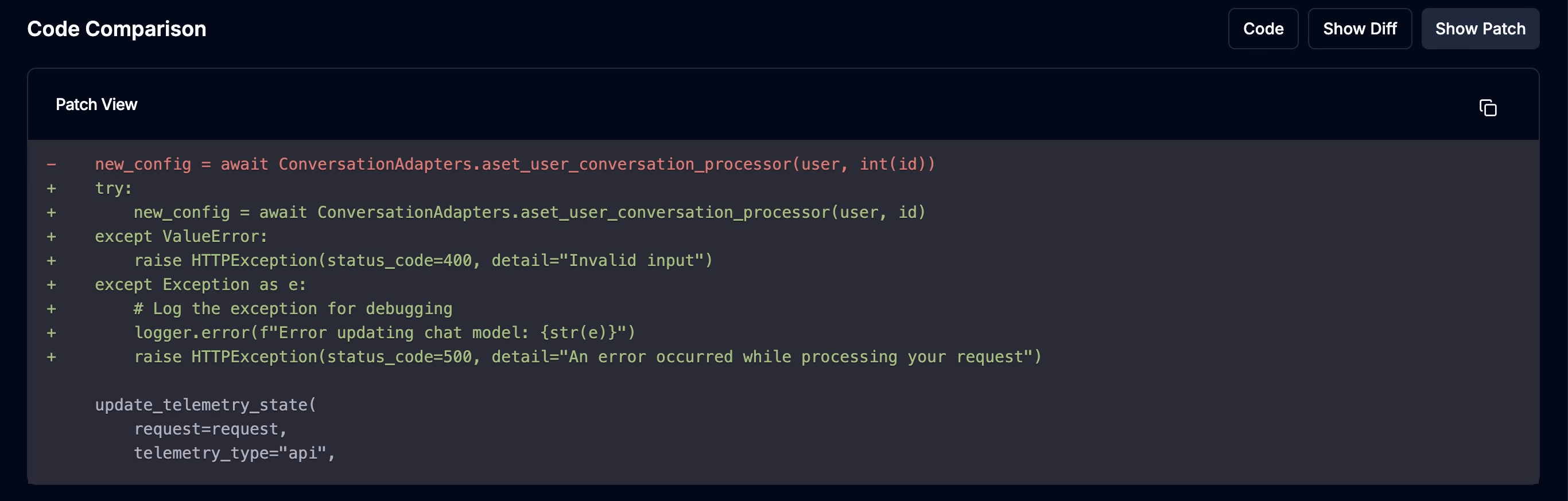 Code comparison view showing a patch suggestion